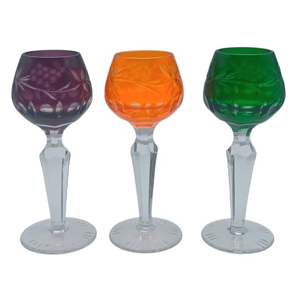 Lausitzer Grapes & Vines Cut To Clear Cordial Glasses Set Of 3 Emerald Green Ame - Picture 3 of 12